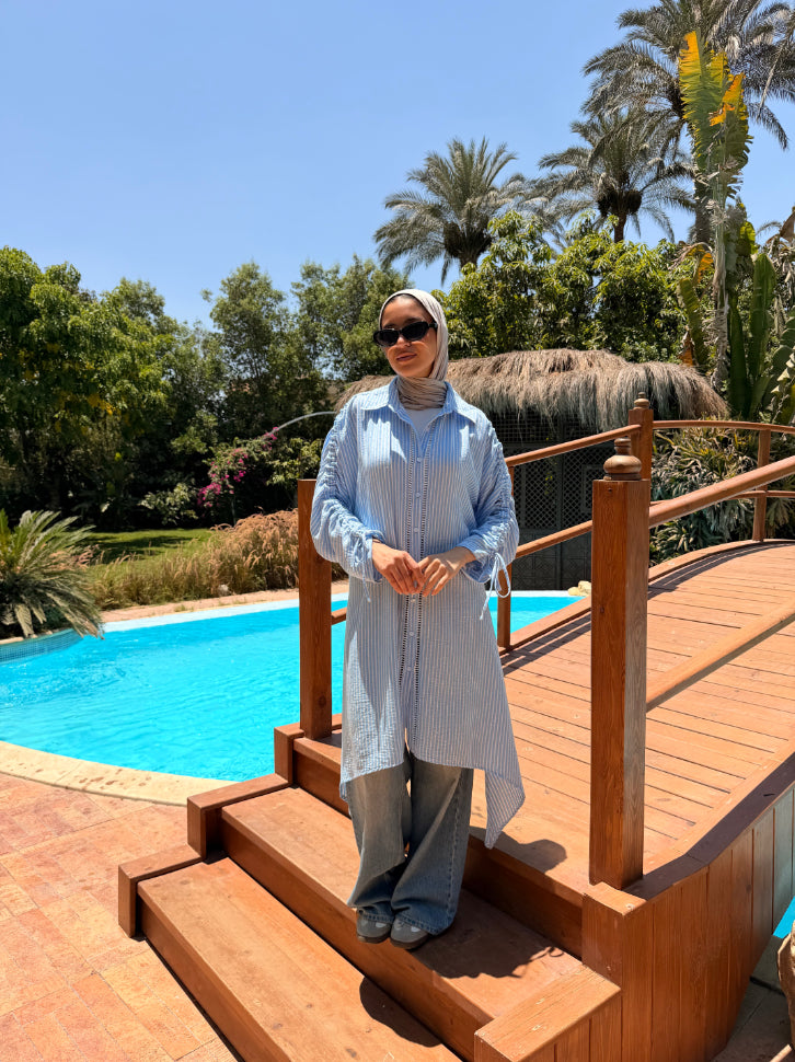 Asymmetrical Strass Linen Shirt -blue
