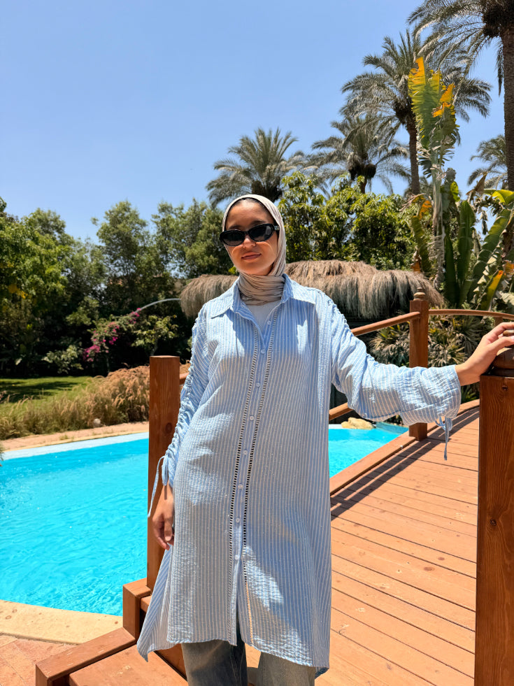 Asymmetrical Strass Linen Shirt -blue