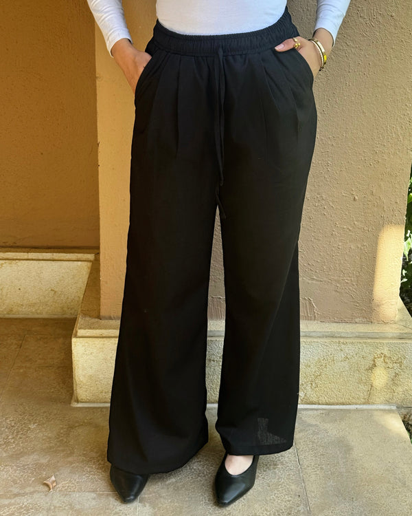 Linen Drawstring Pants-Black