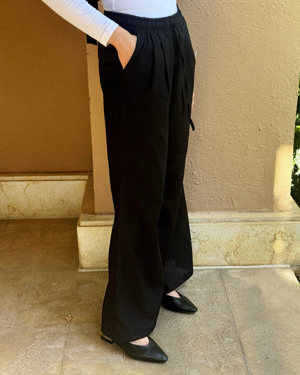 Linen Drawstring Pants-Black