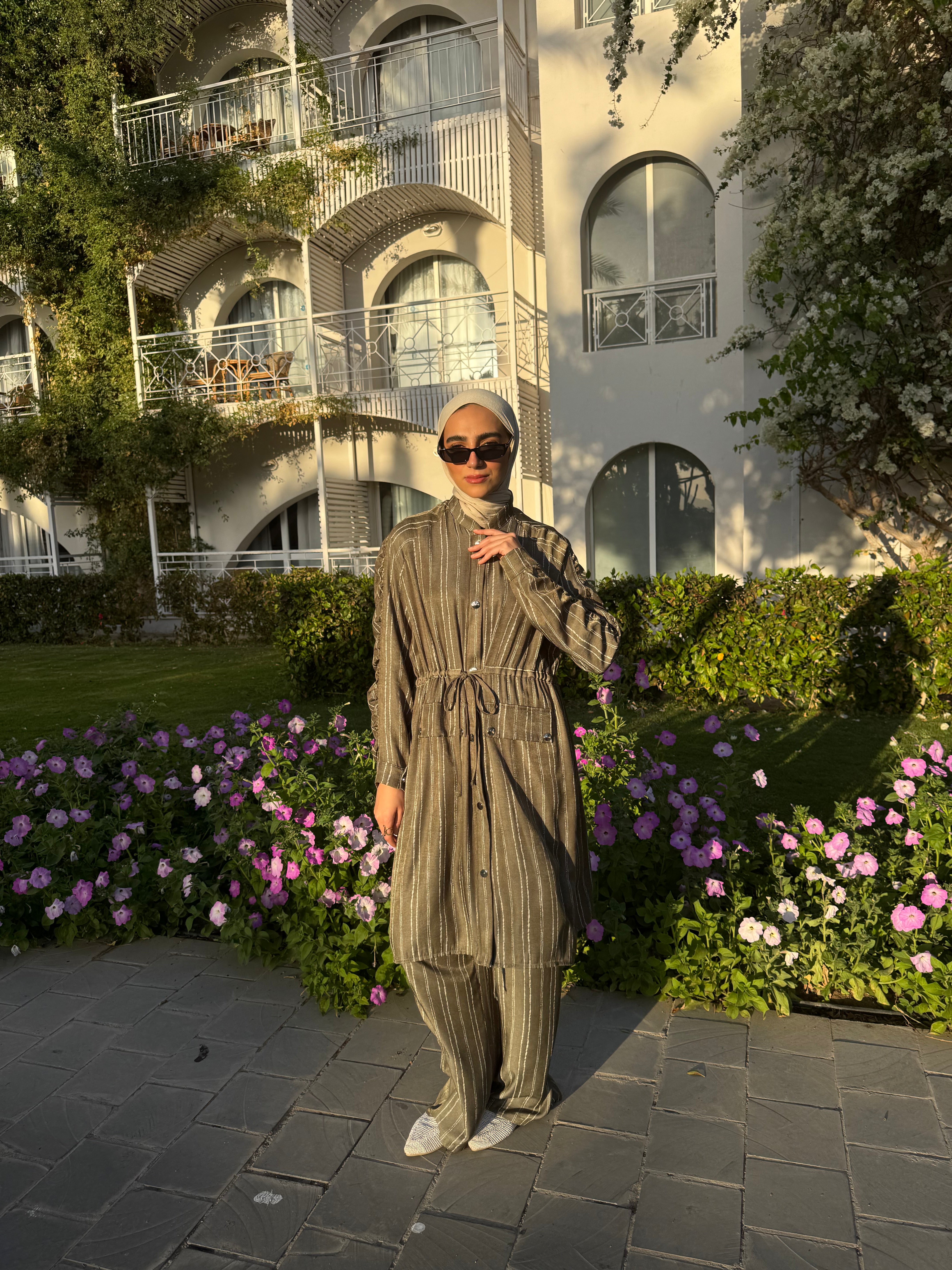 Drawstring Striped Pants-Olive