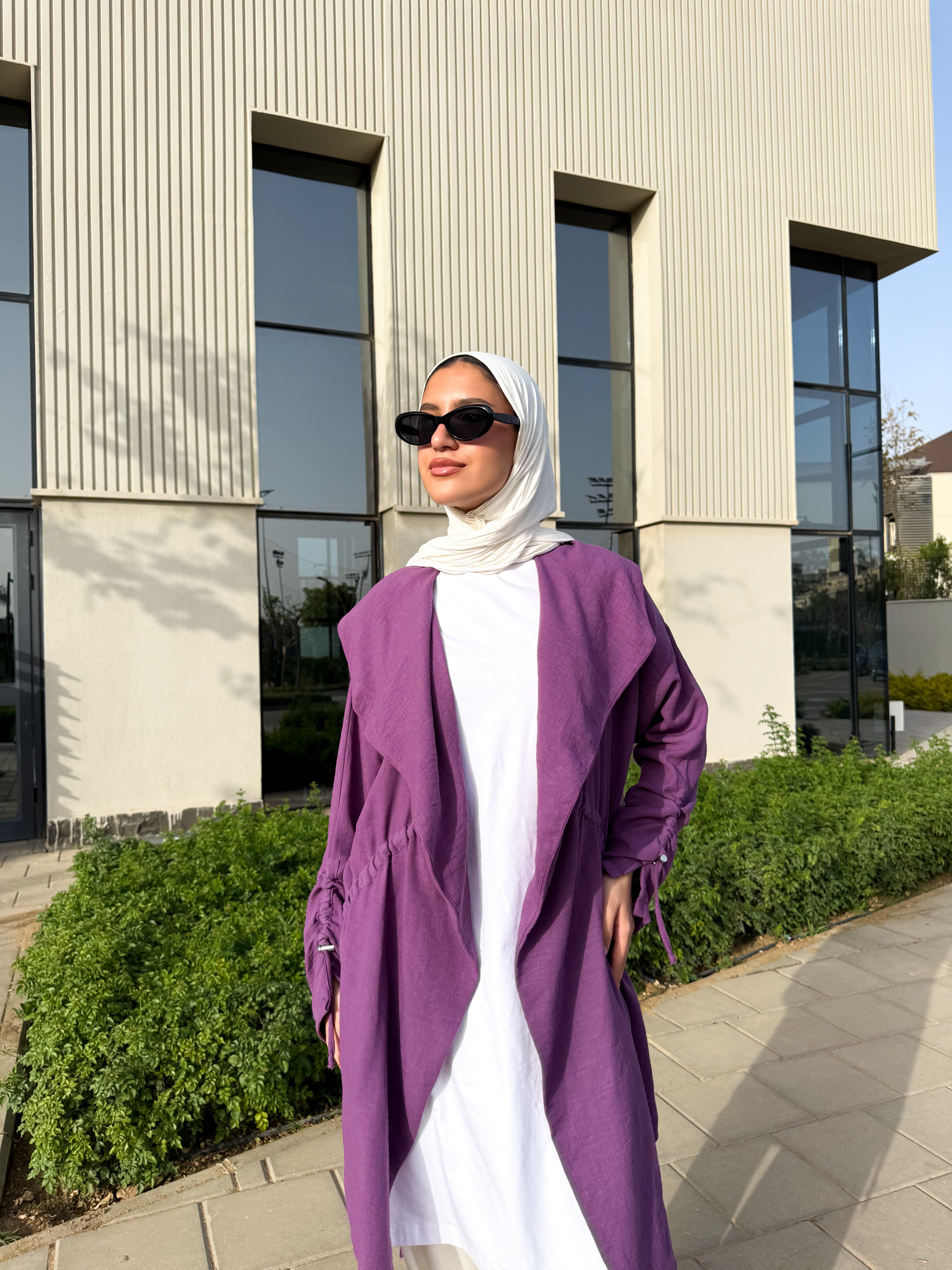 Drawstrings Linen Cardigan -Purple