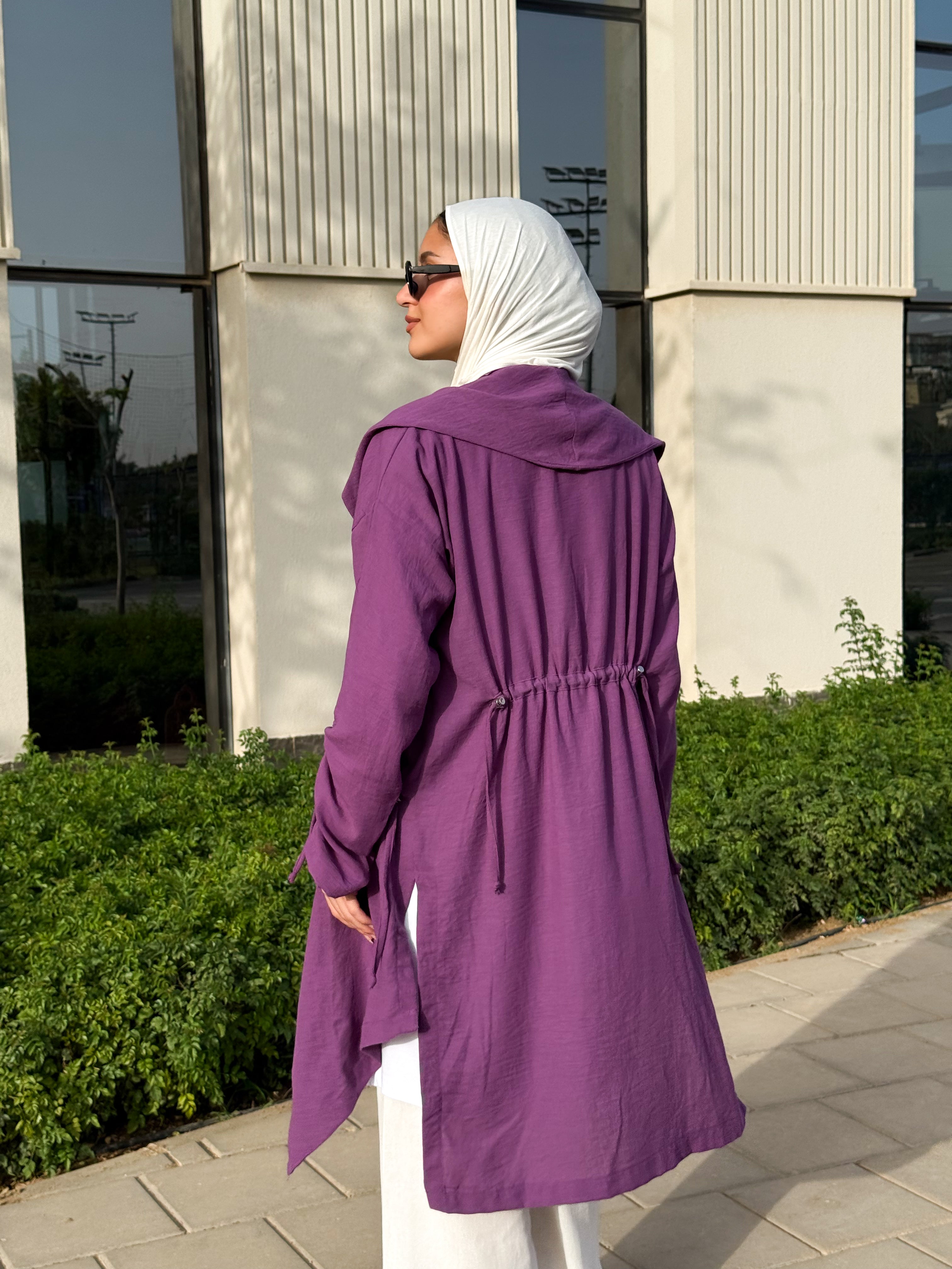 Drawstrings Linen Cardigan -Purple