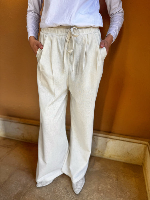 Linen Drawstring Pants-Beige