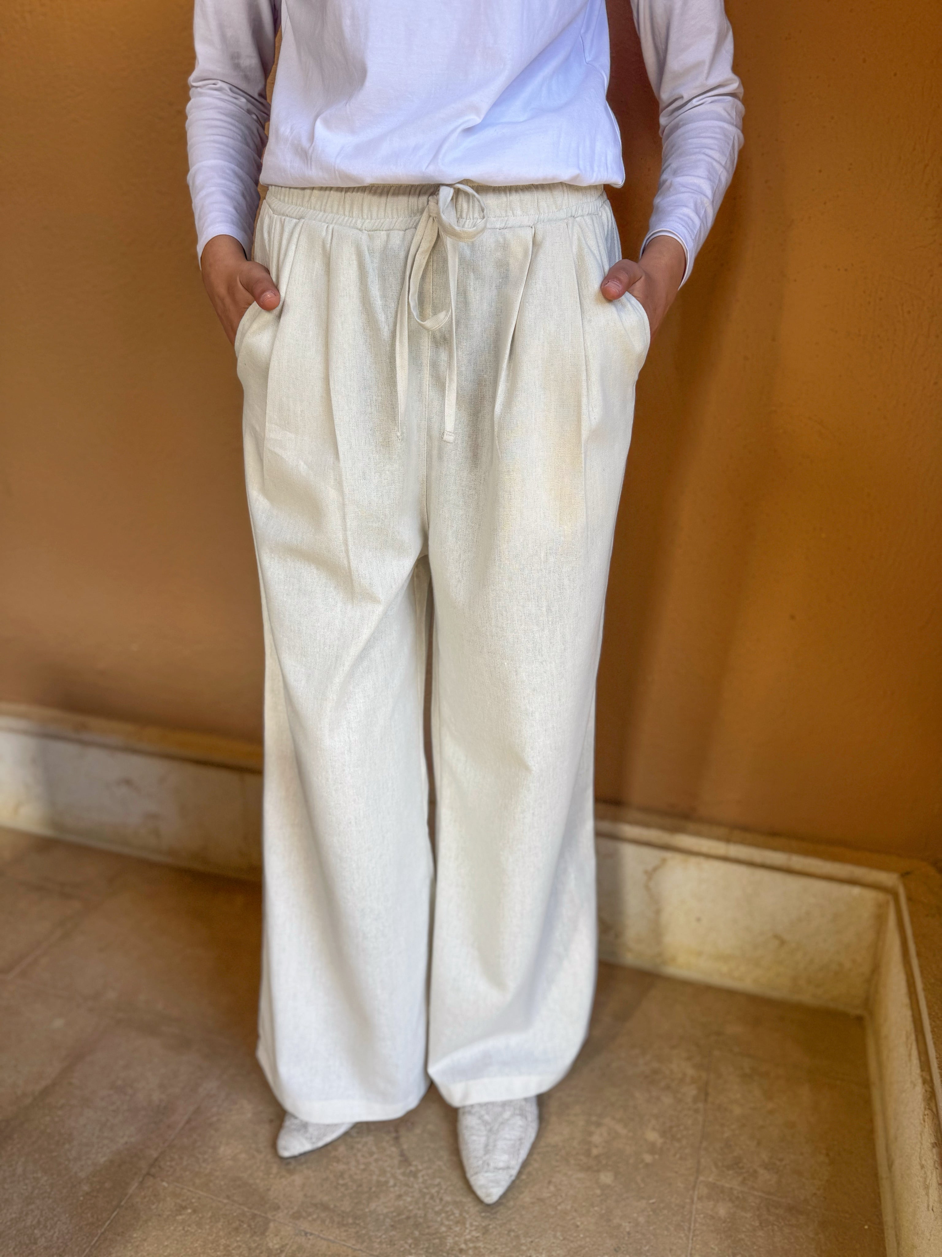 Linen Drawstring Pants-Beige
