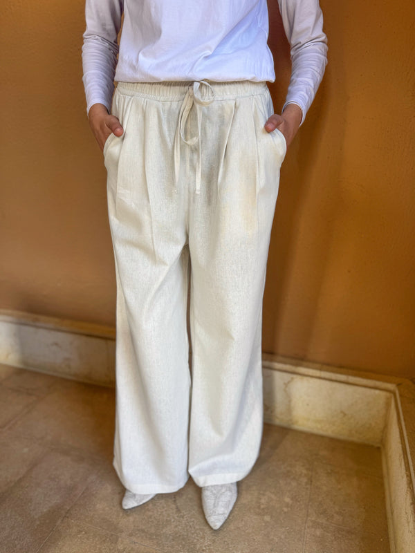 Linen Drawstring Pants-Beige