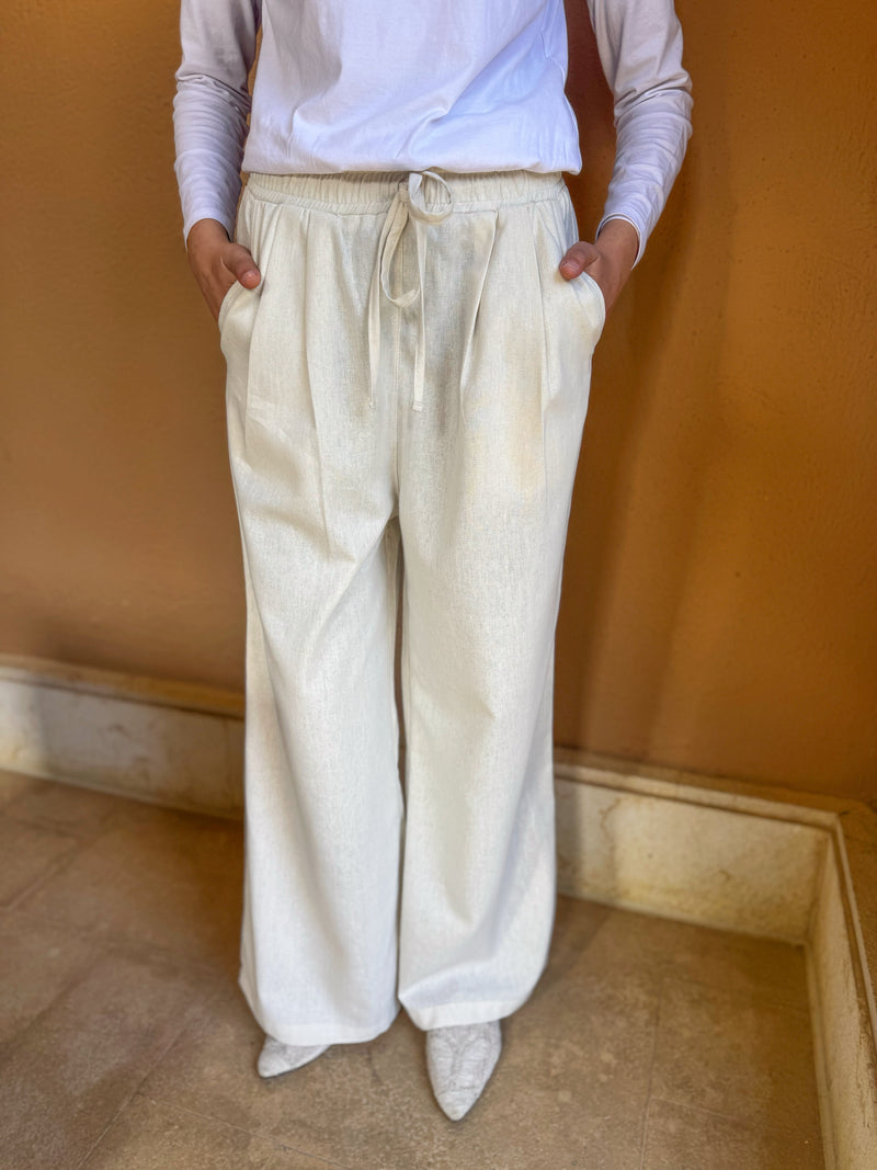 Linen Drawstring Pants-Beige