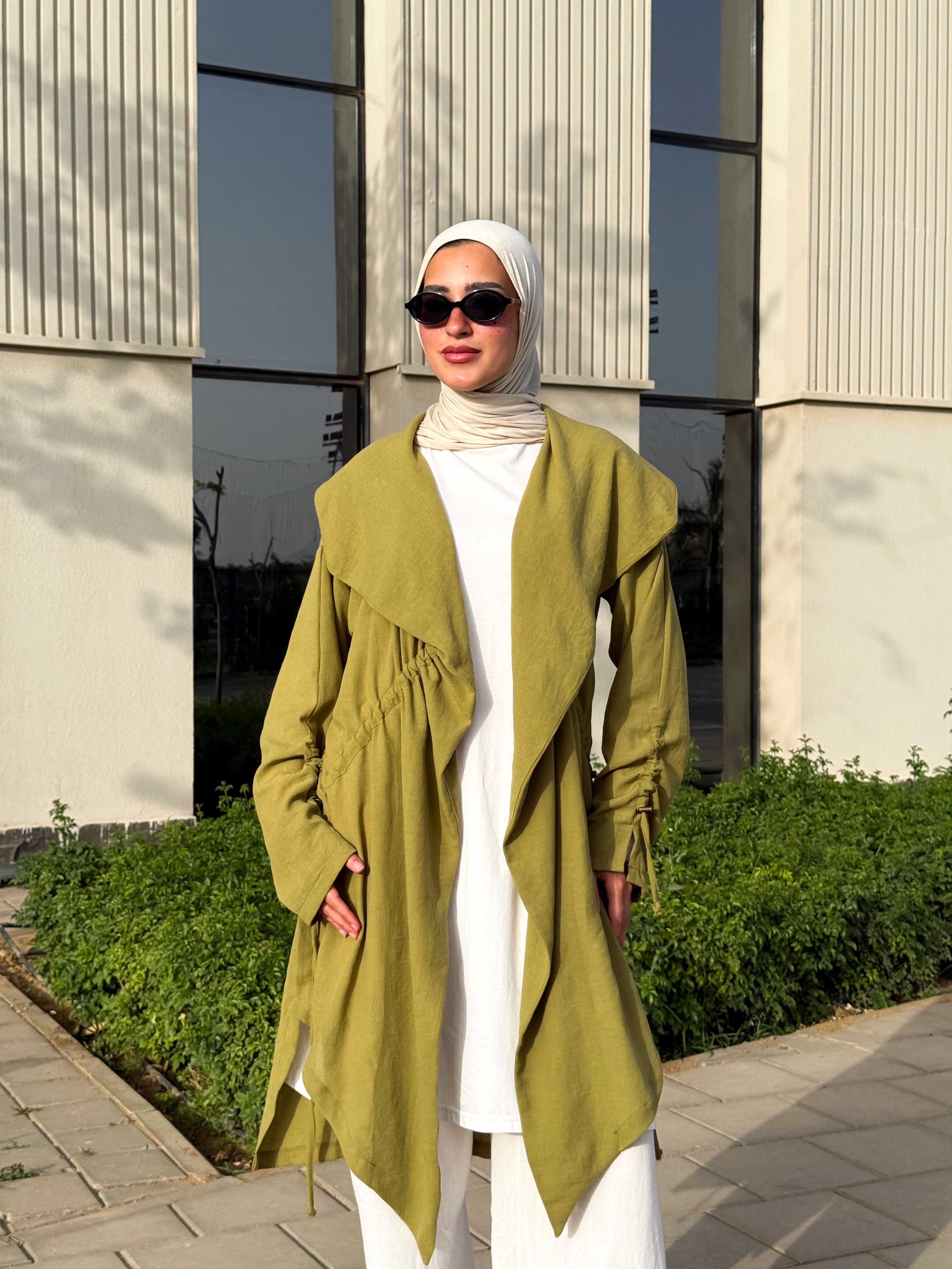 Drawstrings Linen Cardigan - Olive