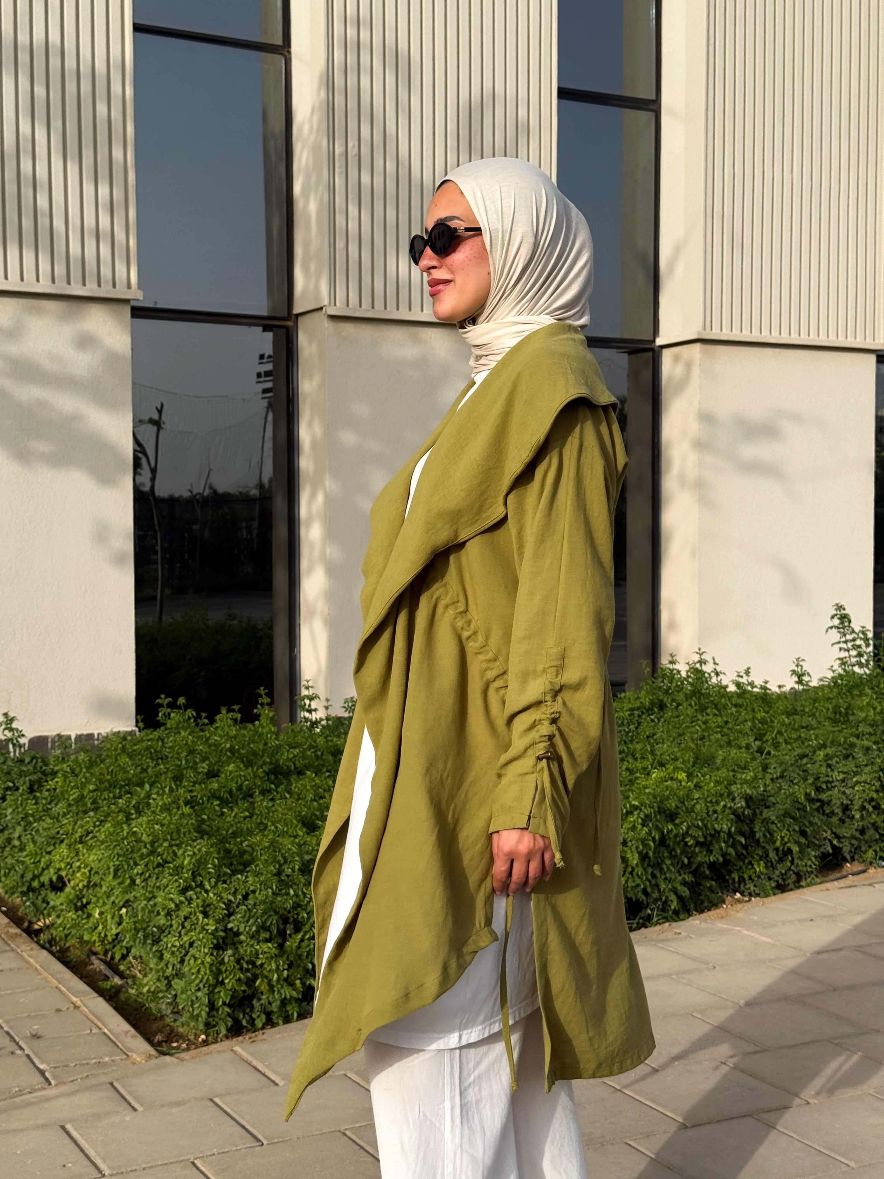 Drawstrings Linen Cardigan - Olive