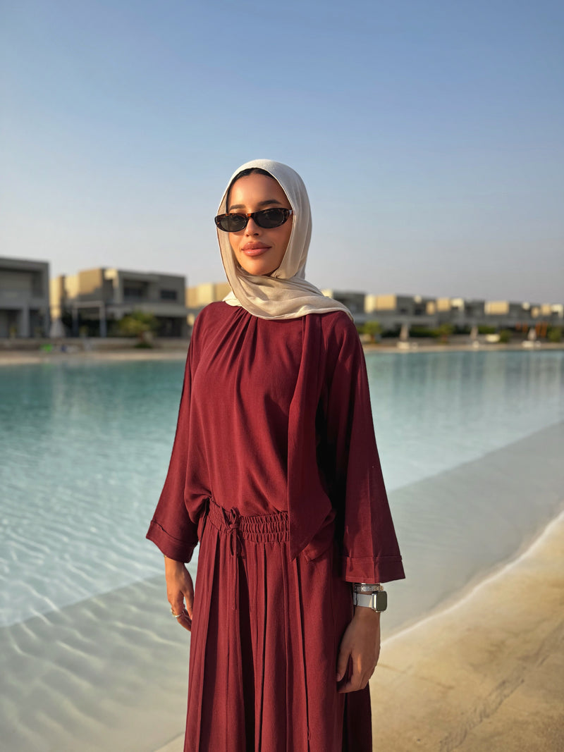 Linen Blouse With Bow - Maroon