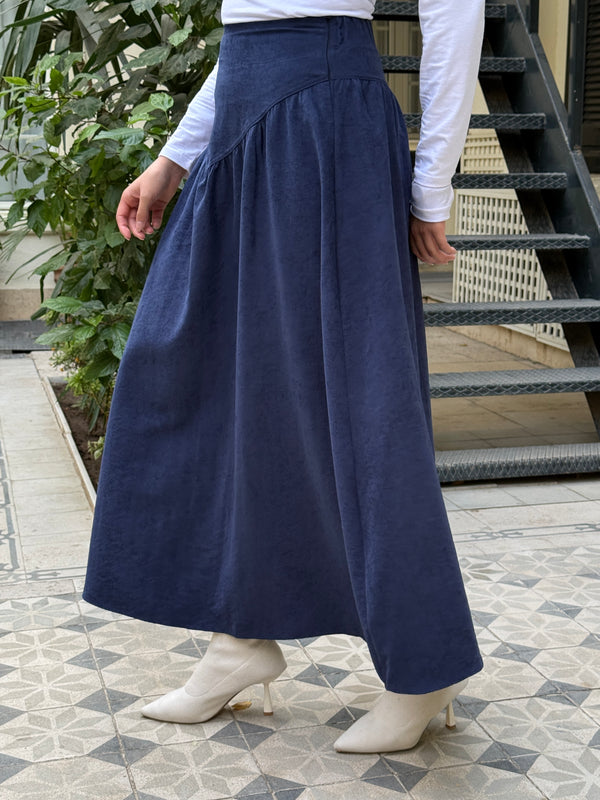Flared Suede Skirt - Dark Blue