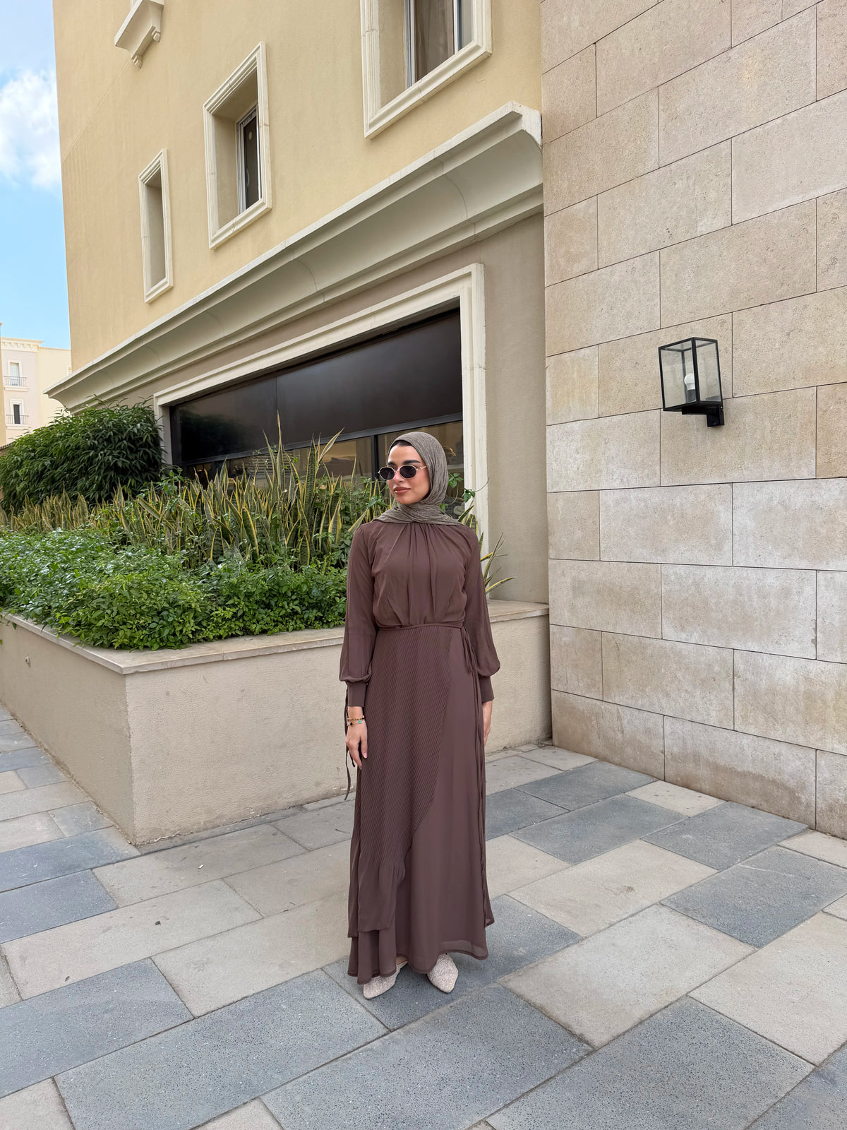 Accordion Wrap Chiffon Dress- brown