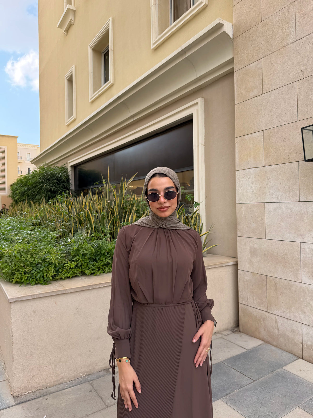 Accordion Wrap Chiffon Dress- brown