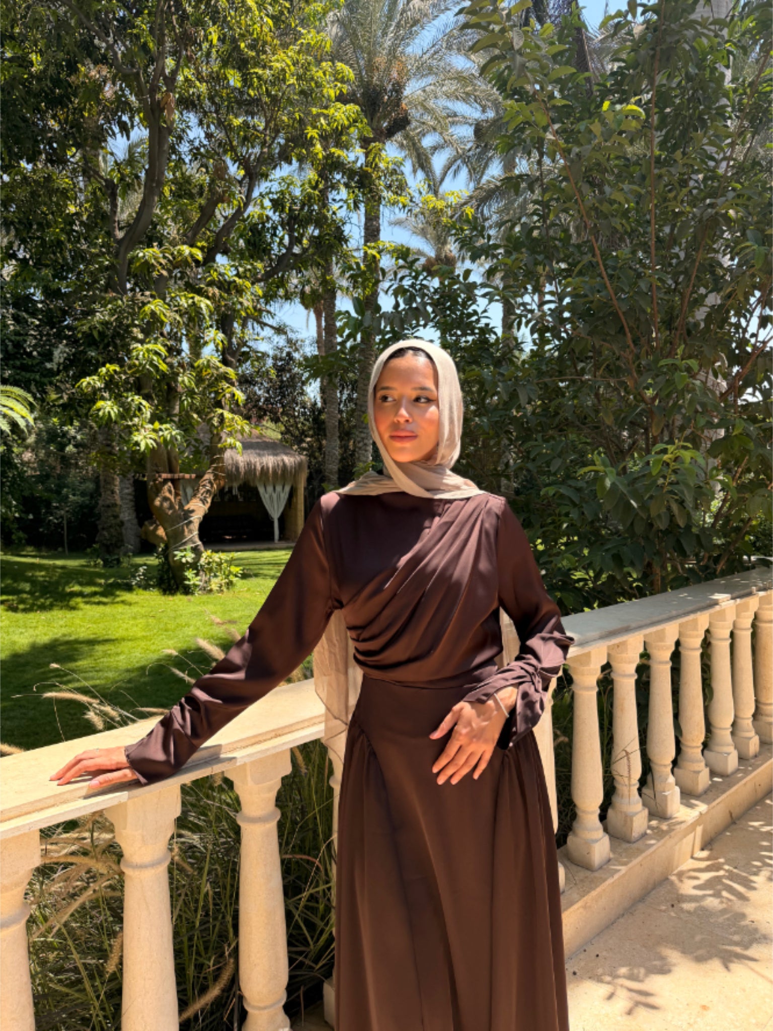 Draped Satin Dress - Brown