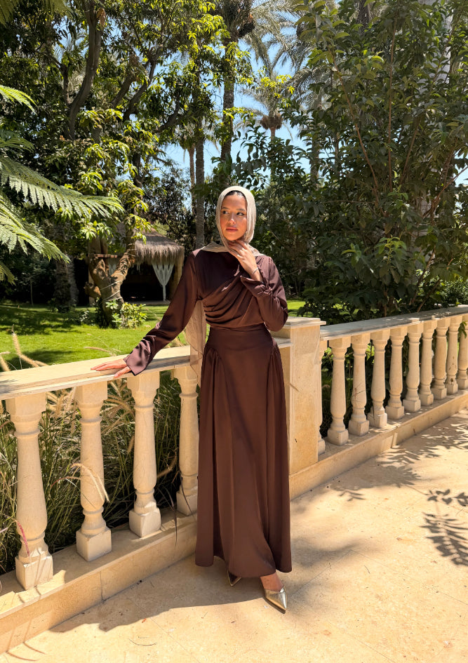 Draped Satin Dress - Brown