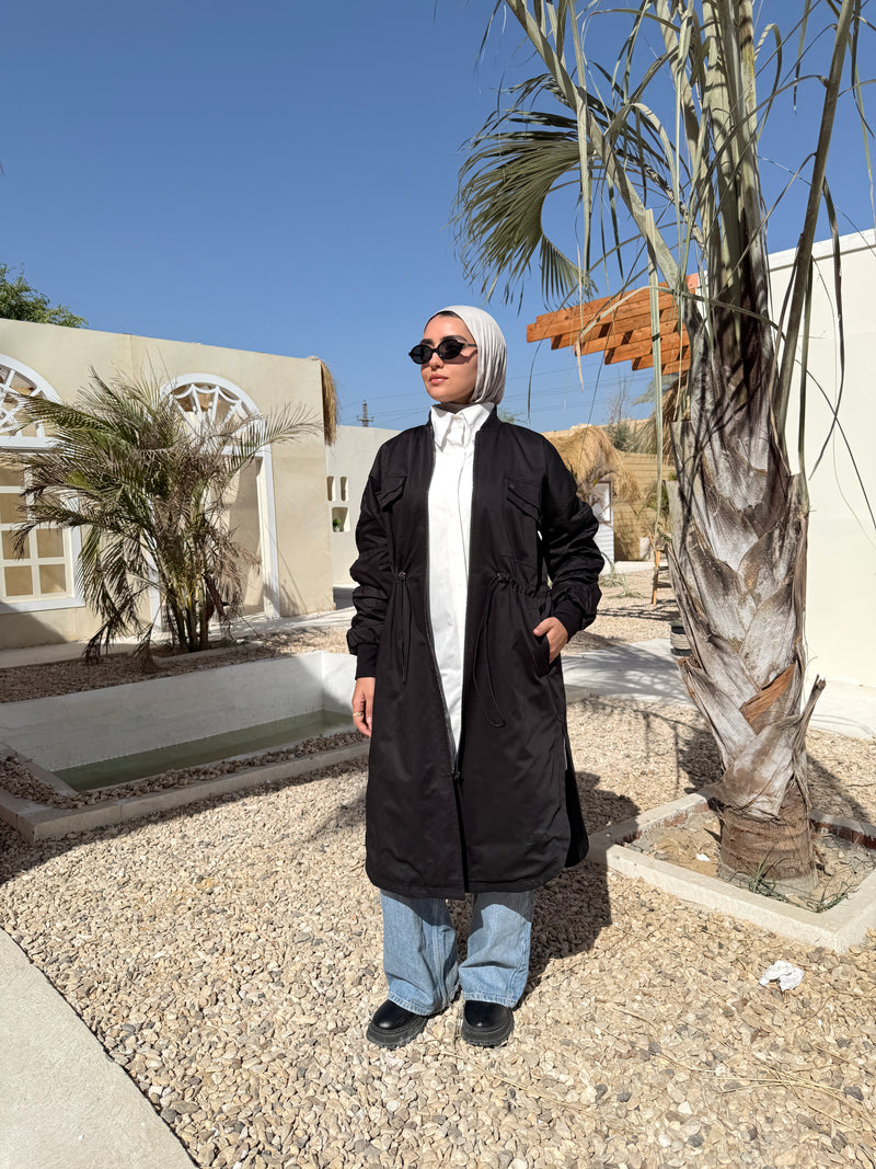 Ruched Sleeves Gabardine Coat - Black