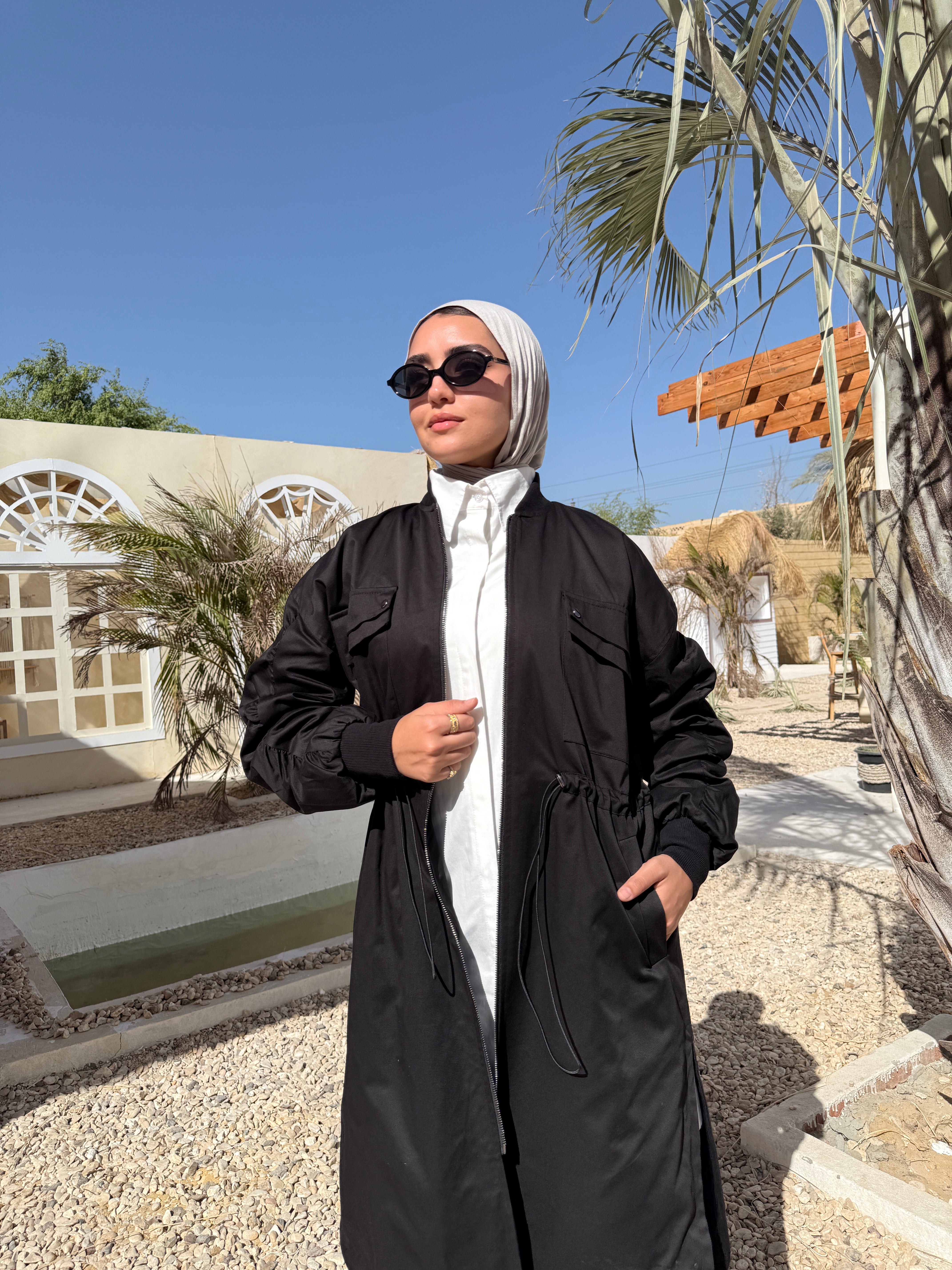 Ruched Sleeves Gabardine Coat - Black
