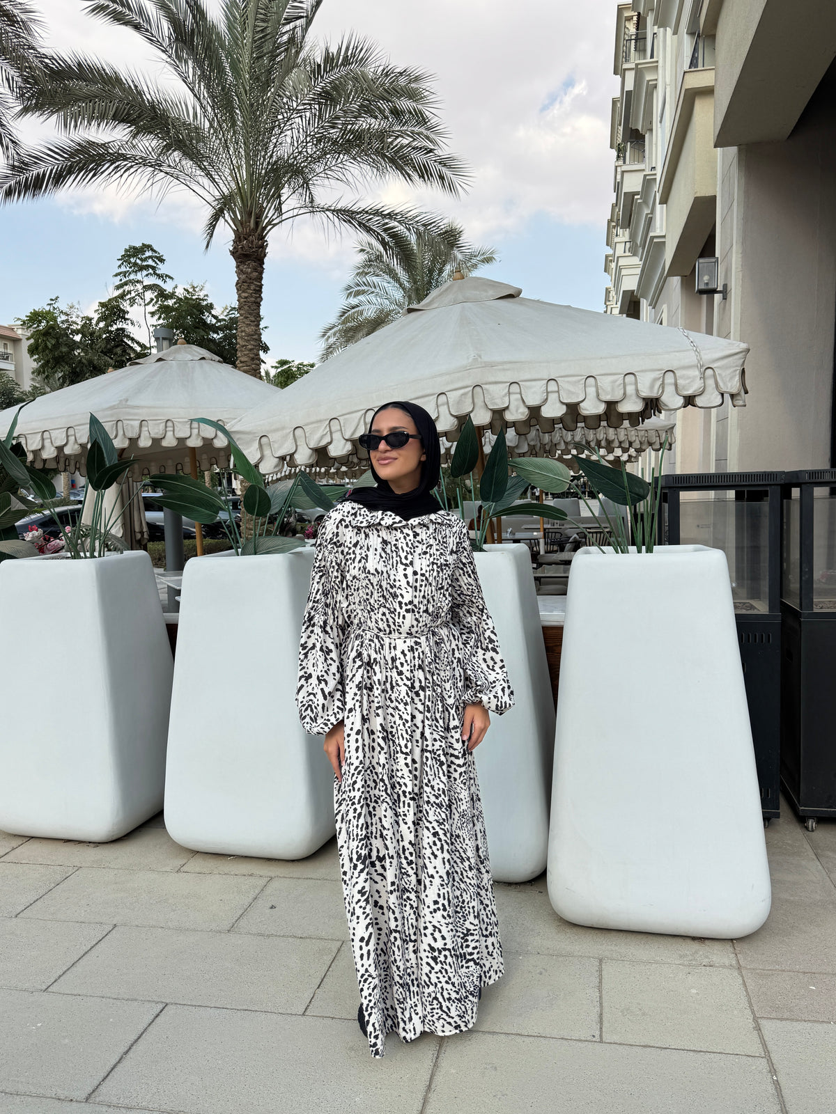 Printed Pleated Dress - Beige*Black