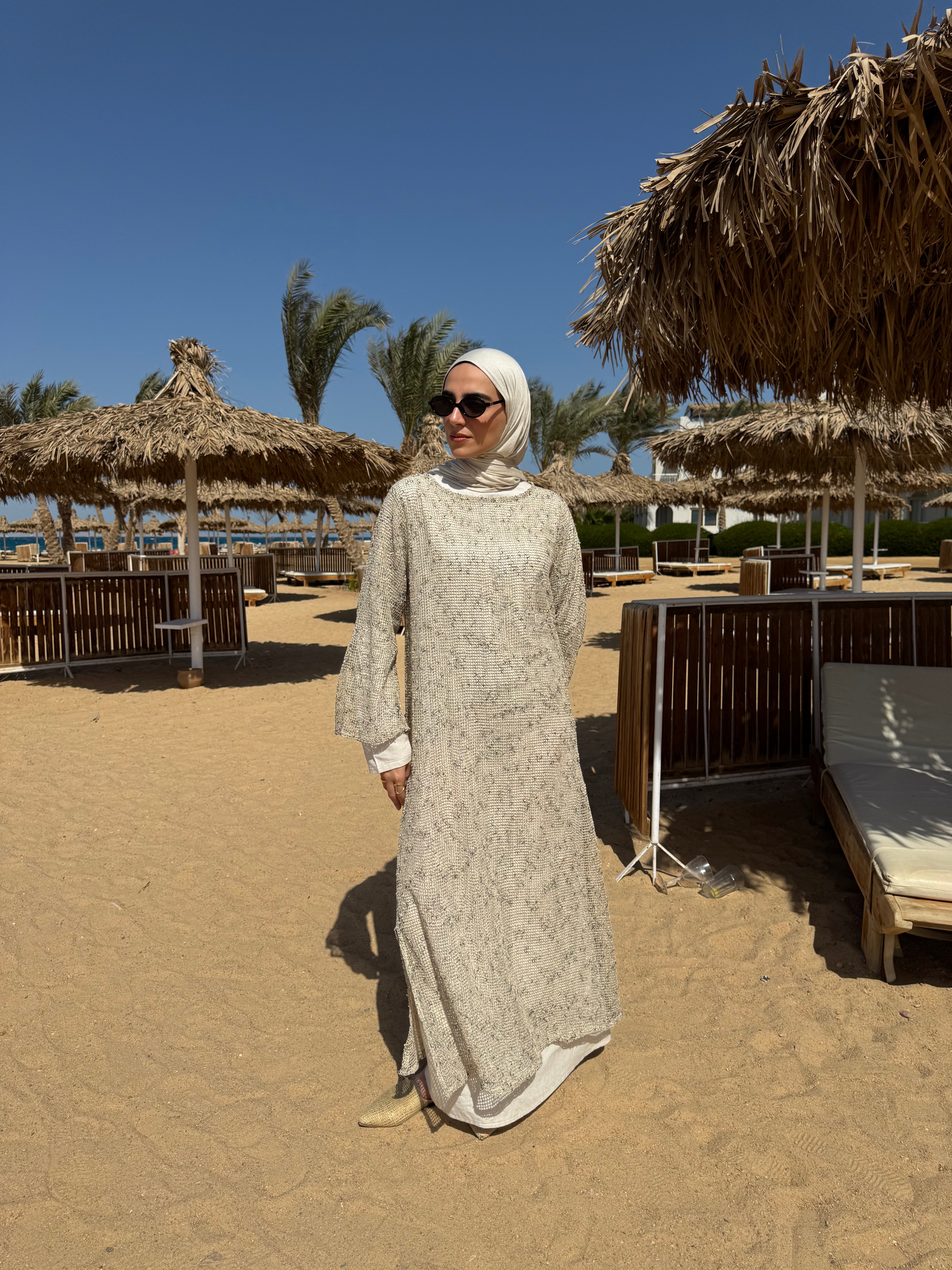 Mesh Beach Dress-White*Beige