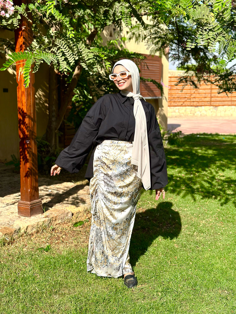 Side Drawstring Satin Skirt-Gold