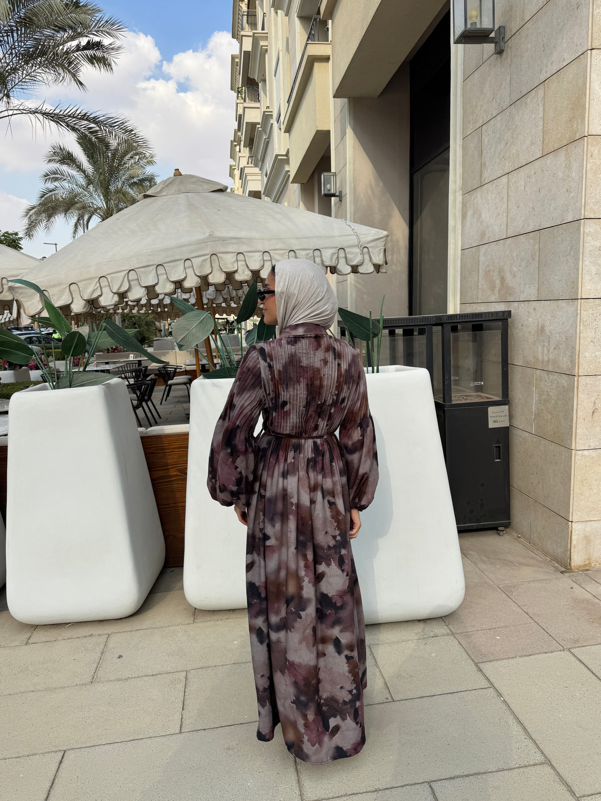Printed Pleated Dress - Brown