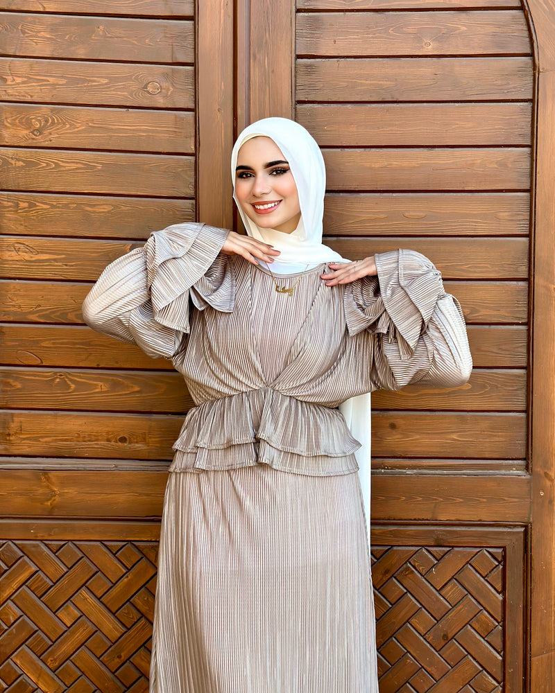 Evening Pleated Satin Dress-Cafe (available only at stores)