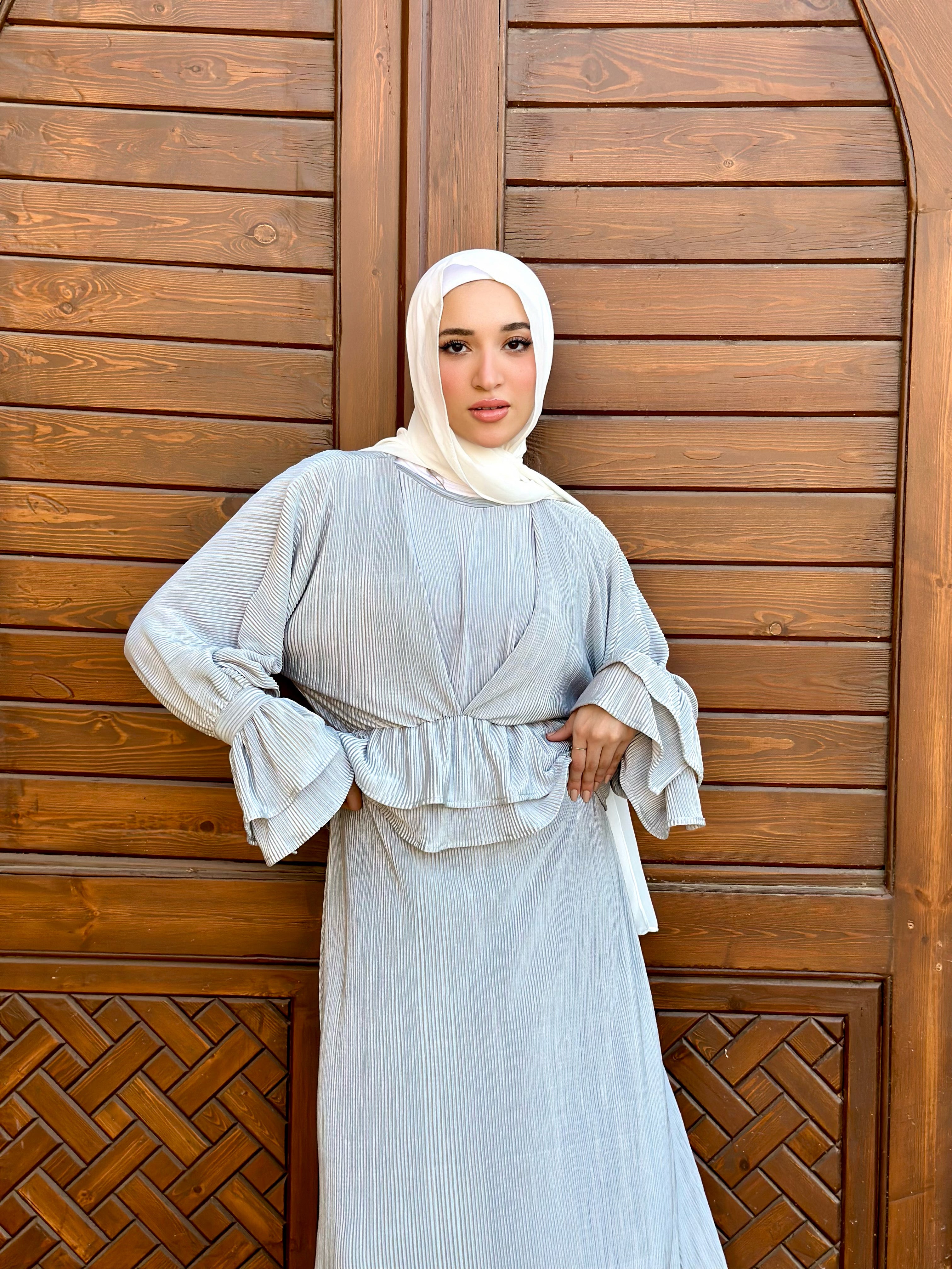 Evening Pleated Satin Dress-Grey (available only at stores)