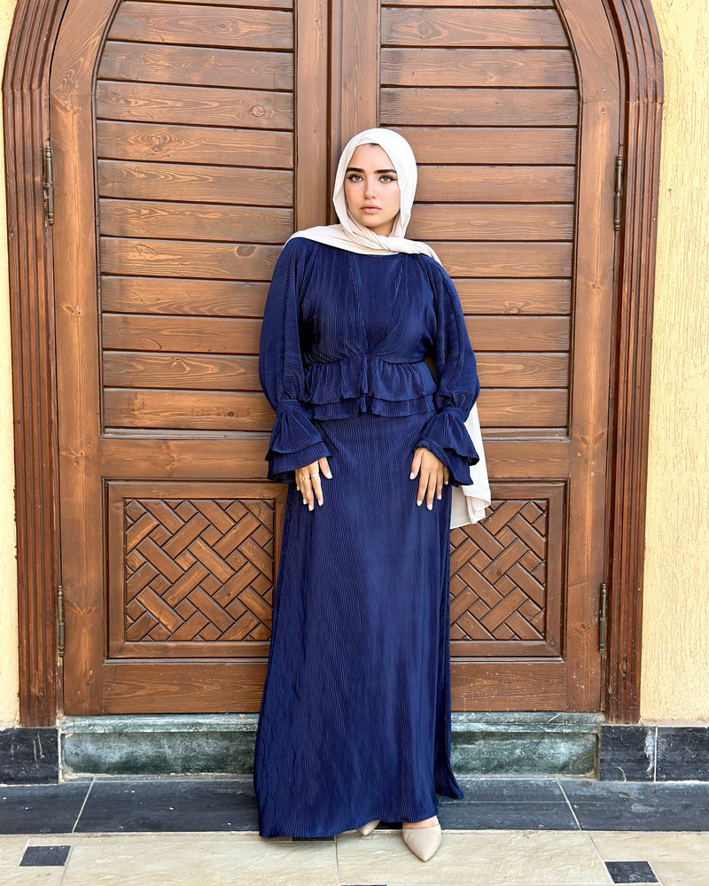 Evening Pleated Satin Dress-Dark Blue Hijab Boutique Evening Pleated Satin Dress-Dark Blue Hijab Boutique