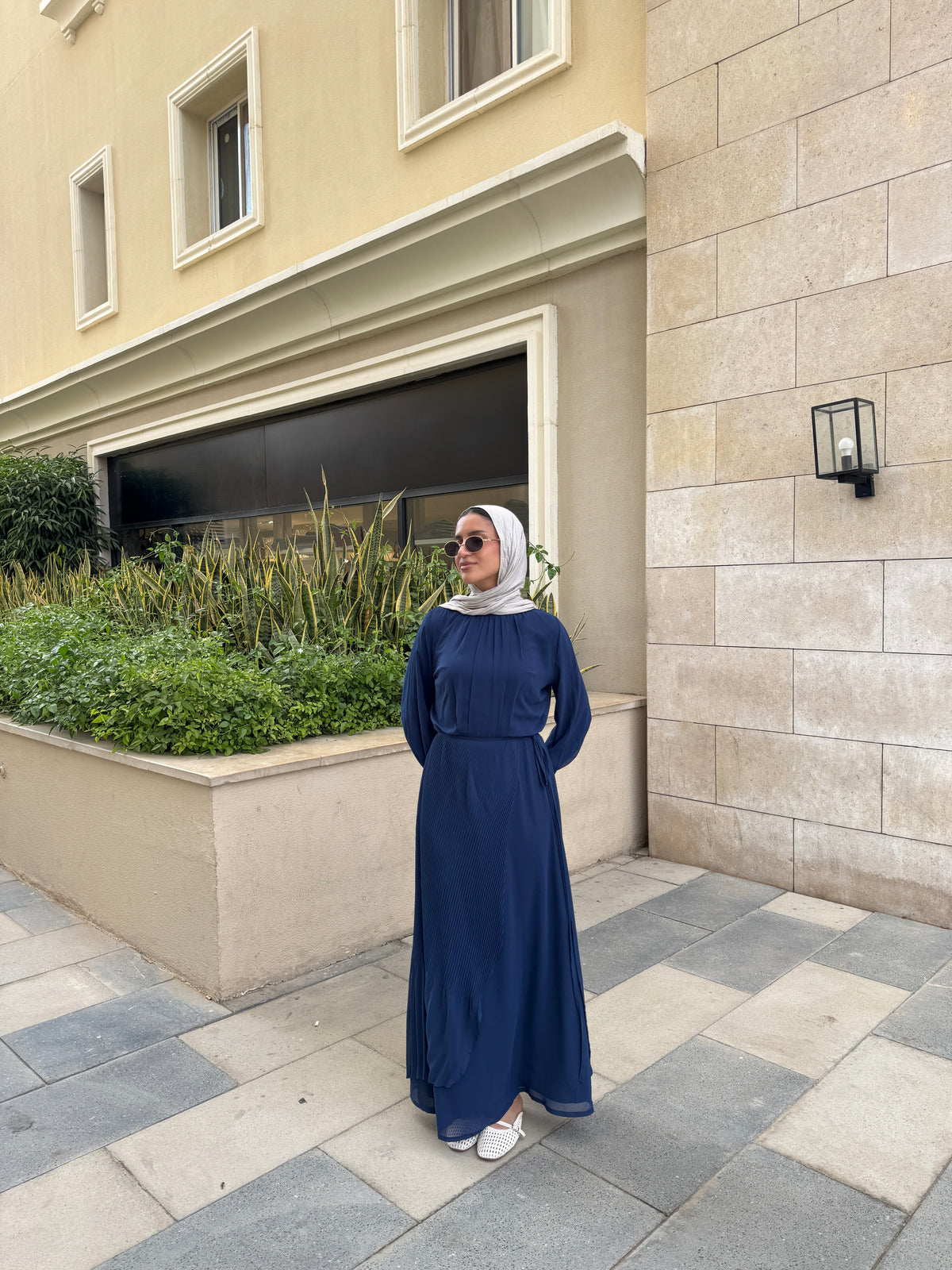 Accordion Wrap Chiffon Dress - Navy