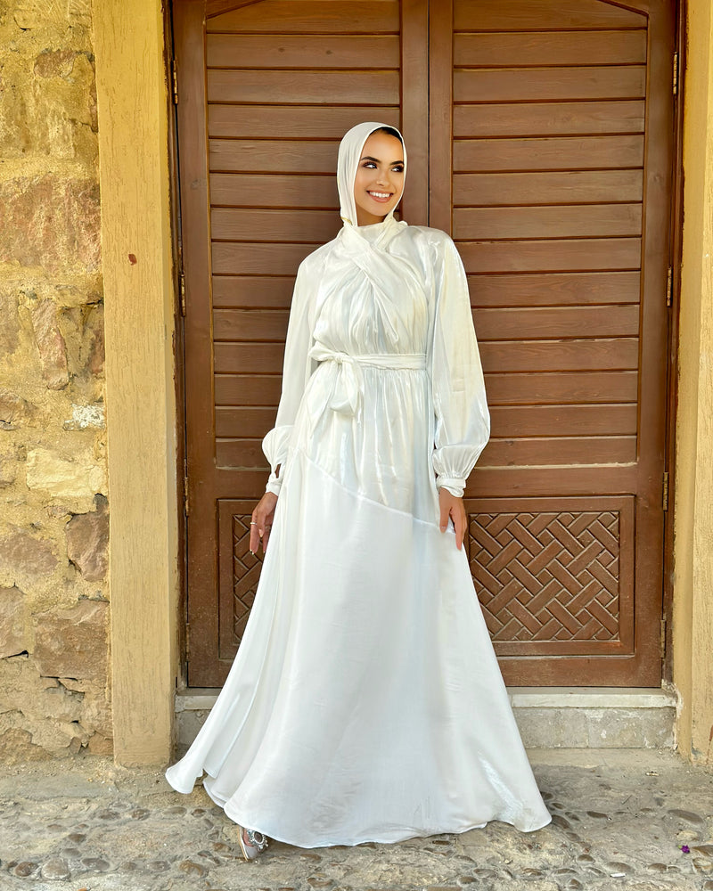 Tie-Neck Dress-White – Hijab Boutique Tie-Neck Dress-White – Hijab Boutique