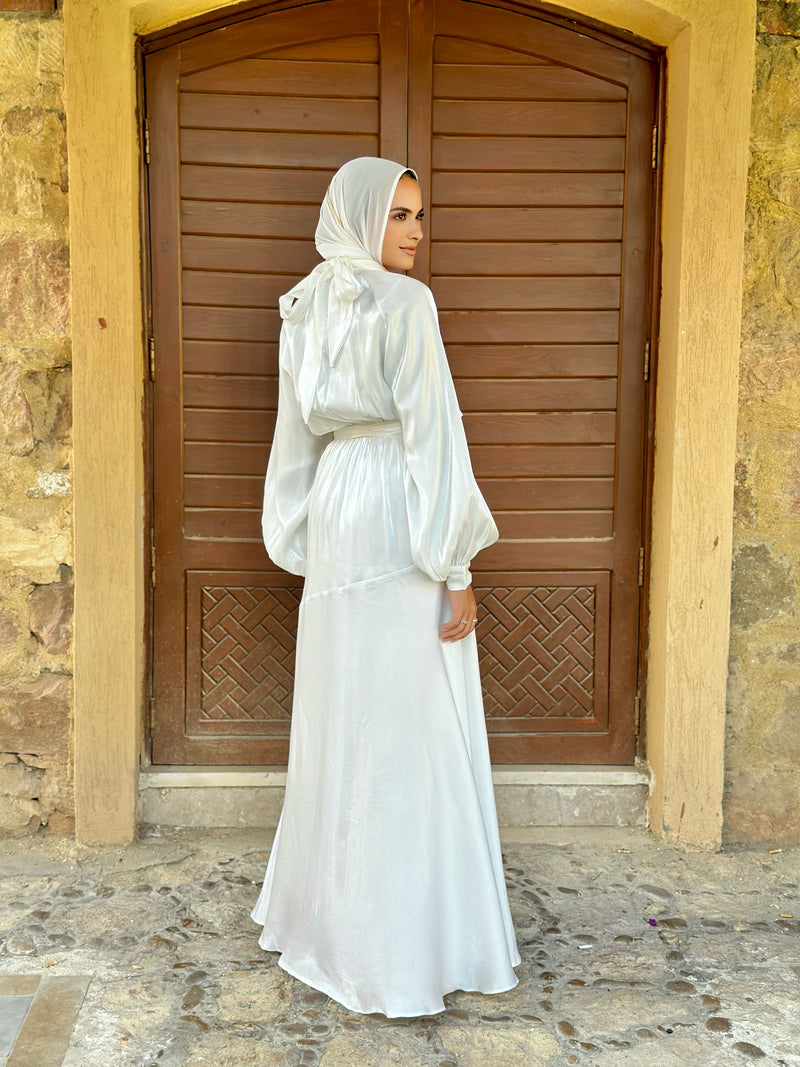Tie-Neck Dress-White Hijab Boutique Tie-Neck Dress-White Hijab Boutique