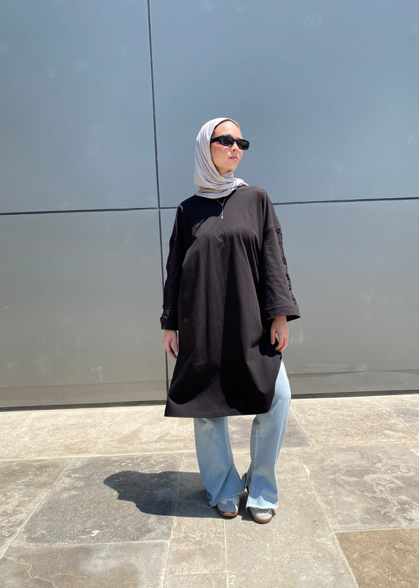 Ruched Sleeves Cotton Blouse - Black