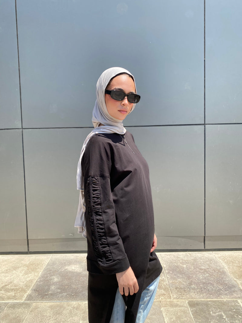 Ruched Sleeves Cotton Blouse - Black