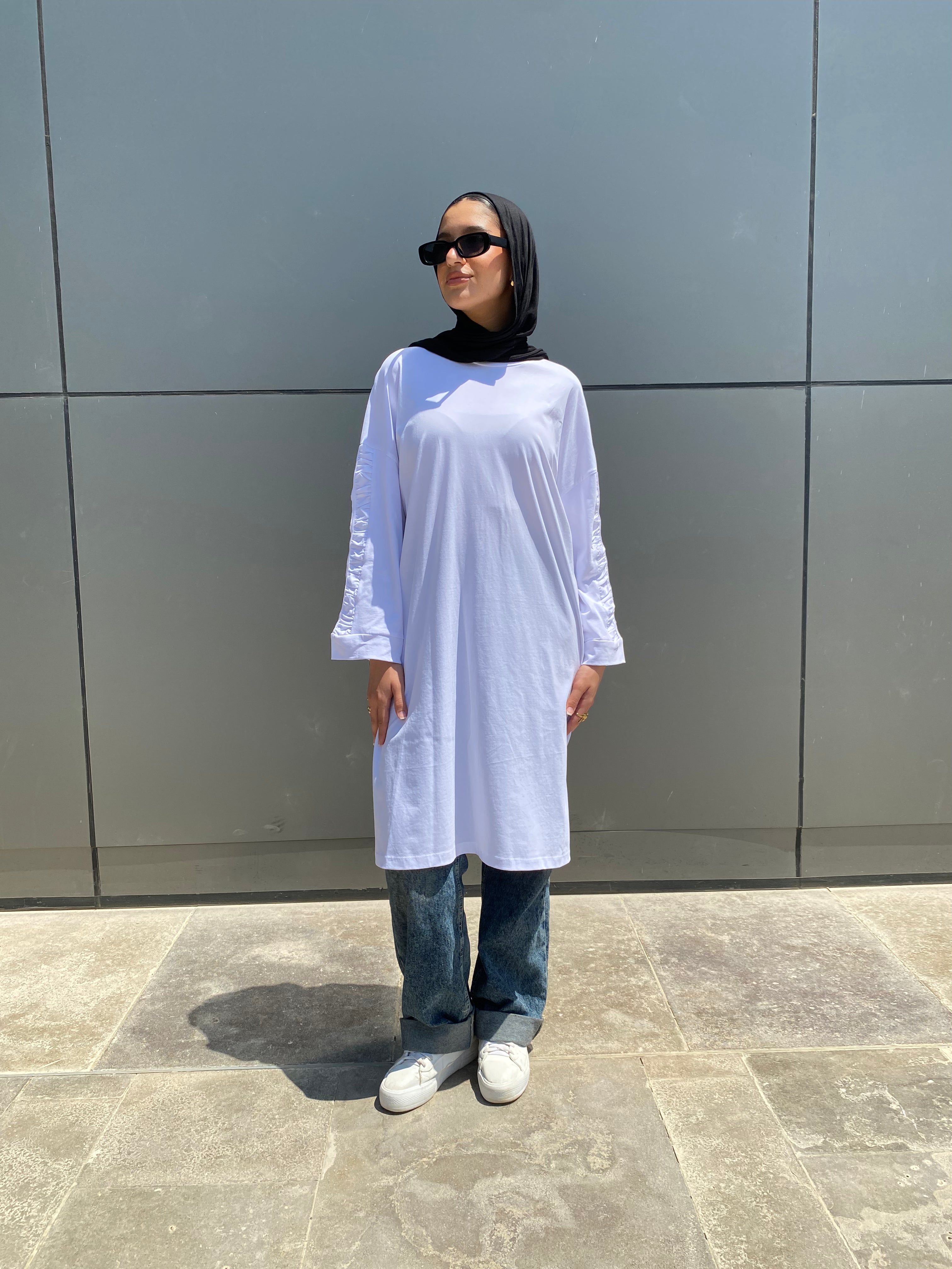 Ruched Sleeves Cotton Blouse - White