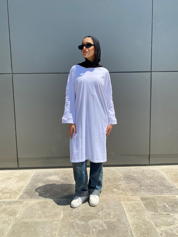 Ruched Sleeves Cotton Blouse - White
