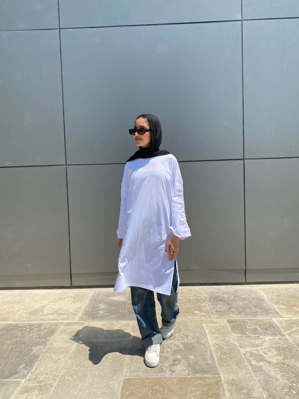 Ruched Sleeves Cotton Blouse - White