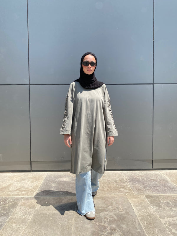 Ruched Sleeves Cotton Blouse - Olive