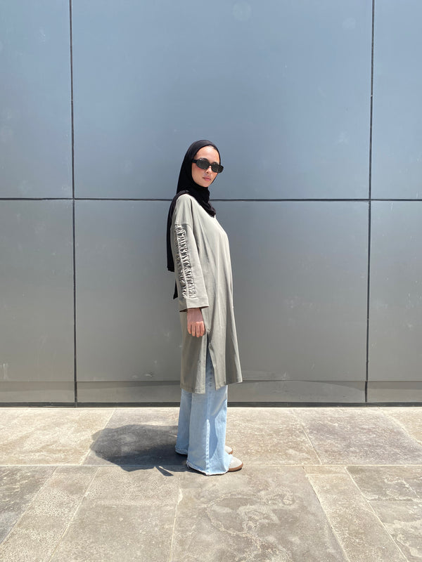 Ruched Sleeves Cotton Blouse - Olive