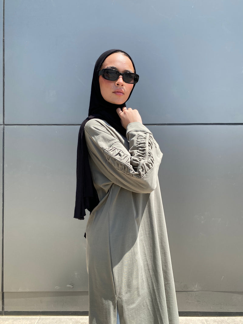 Ruched Sleeves Cotton Blouse - Olive