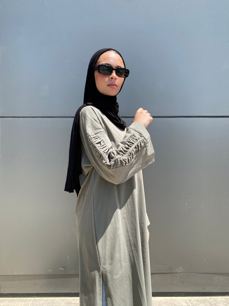 Ruched Sleeves Cotton Blouse - Olive