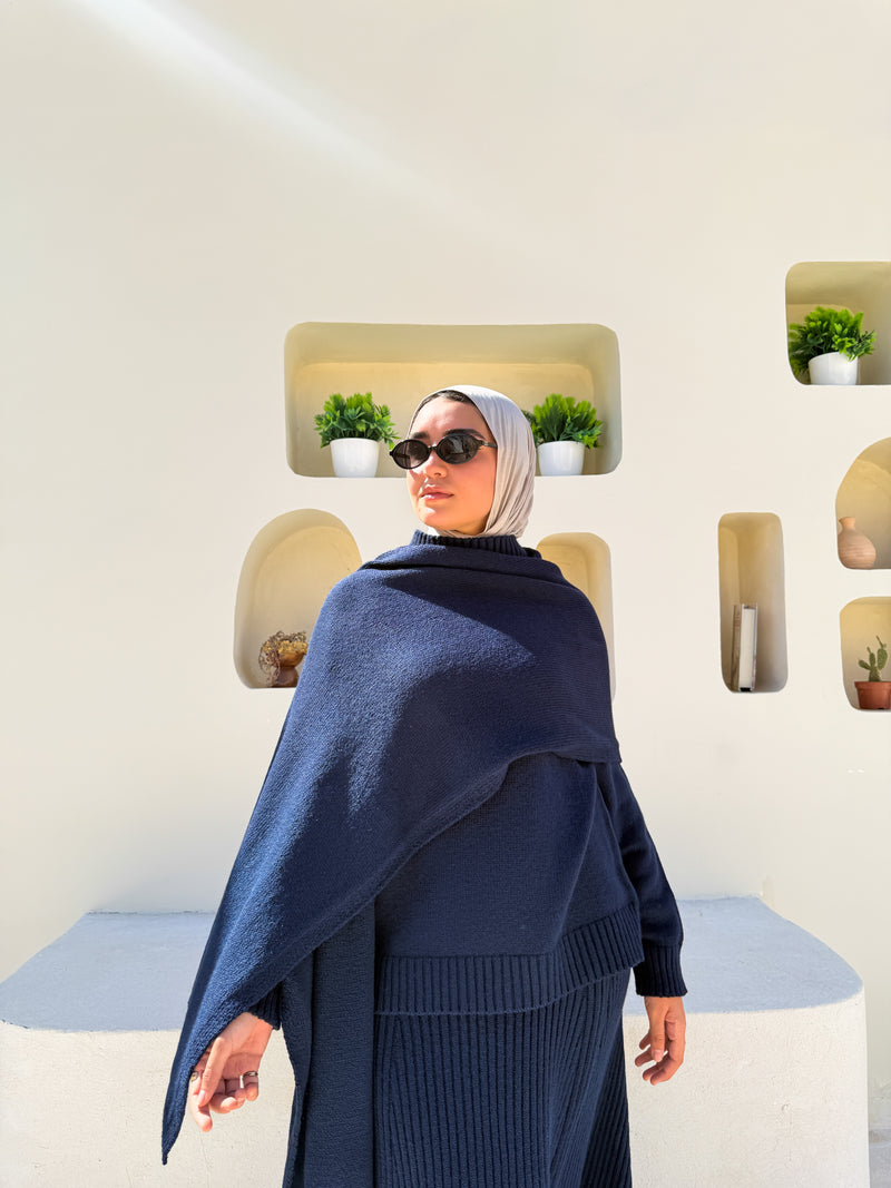 Knitted Blouse With Scarf - Navy