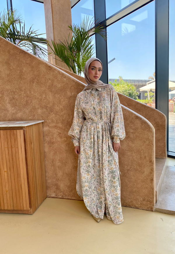 Printed Seamed Linen Dress - Yellow
