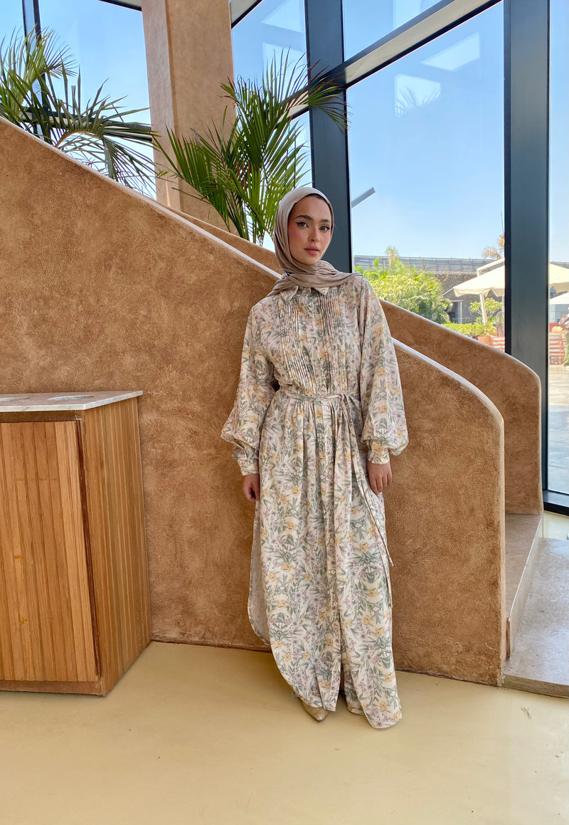 Printed Seamed Linen Dress - Yellow