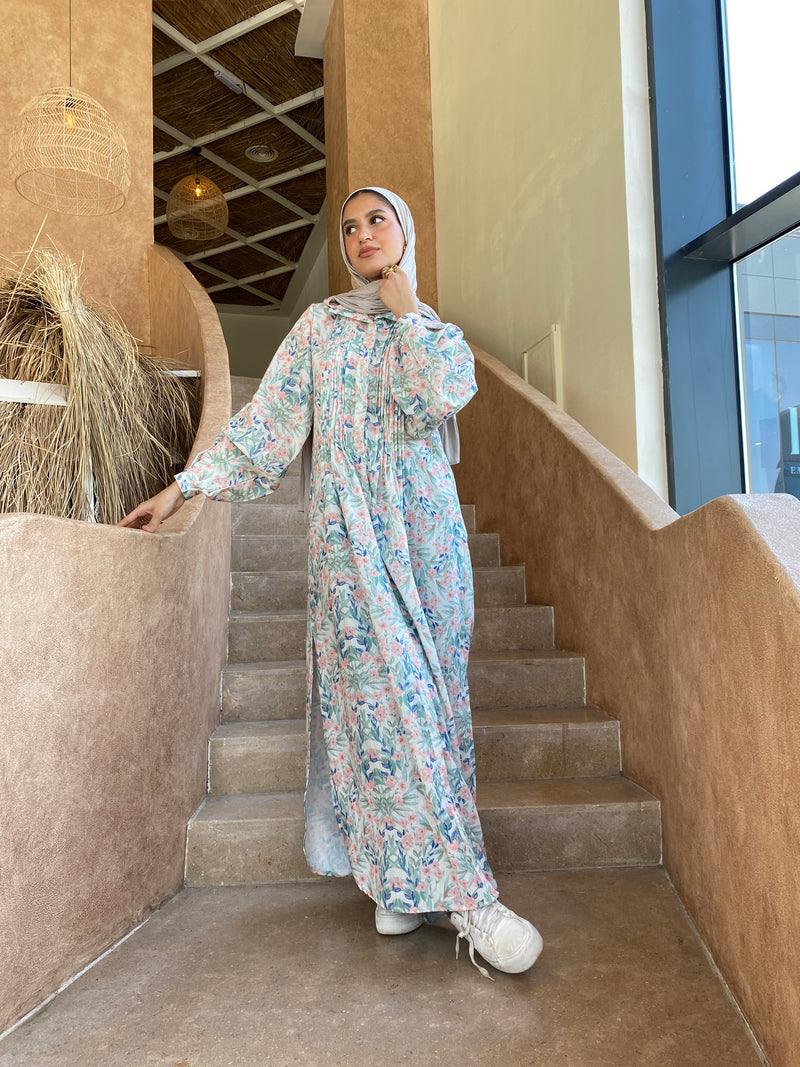 Printed Seamed Linen Dress - White