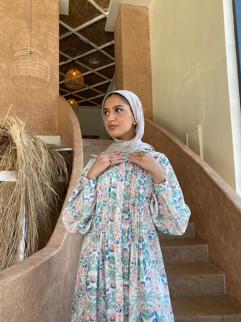 Printed Seamed Linen Dress - White