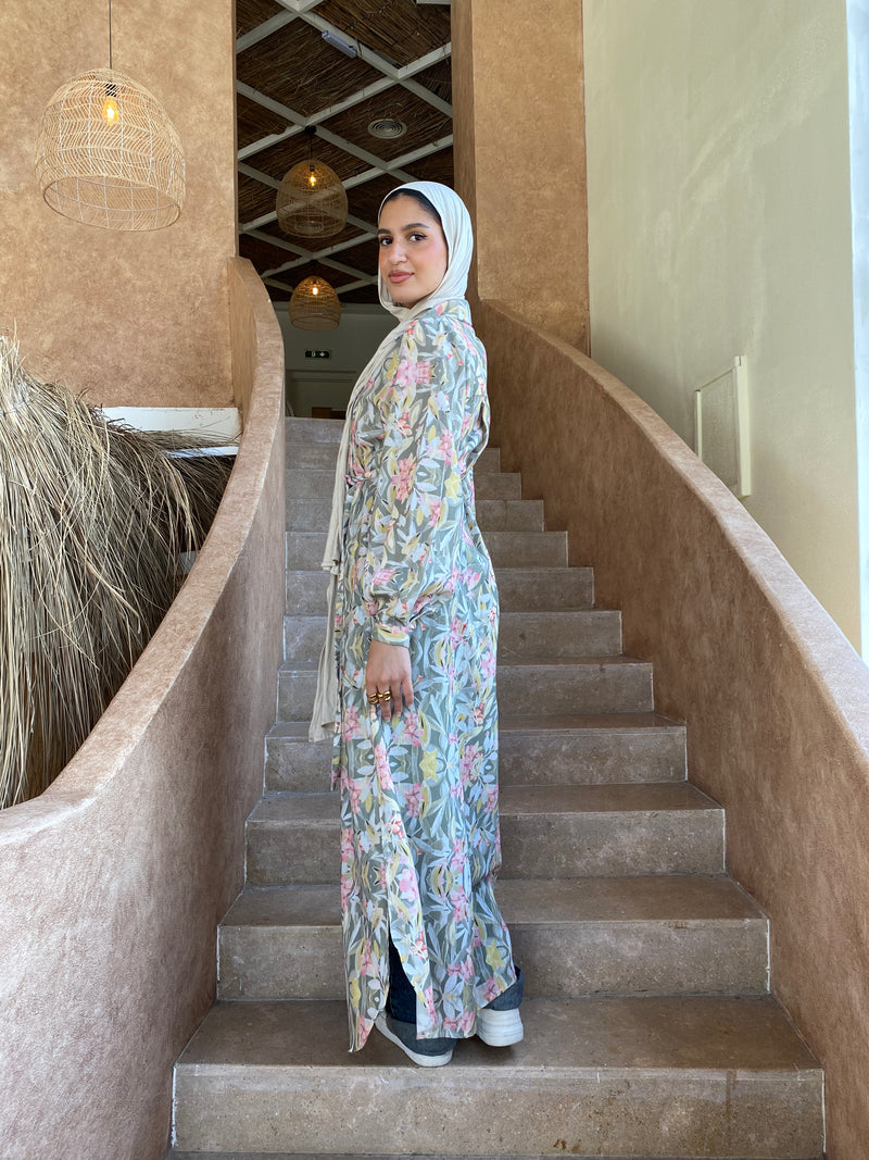 Printed Seamed Linen Dress - Olive