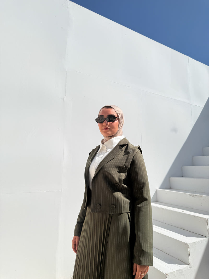 Striped Short Blazer - Olive