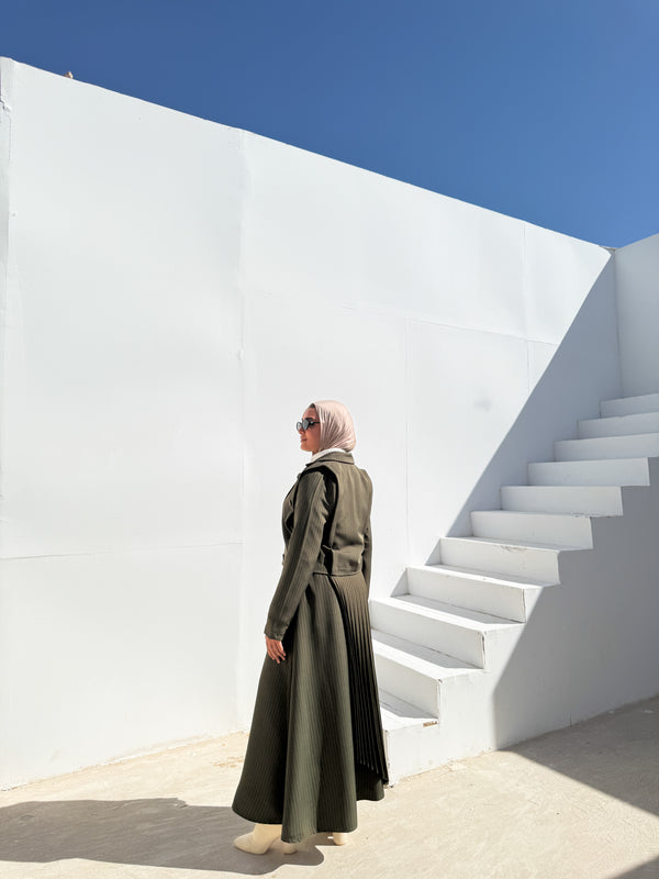 Double Layered Stripes Skirt - Olive