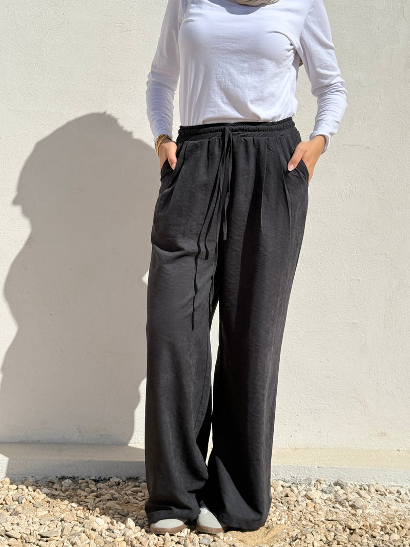 Drawstring Suede Pants - Black