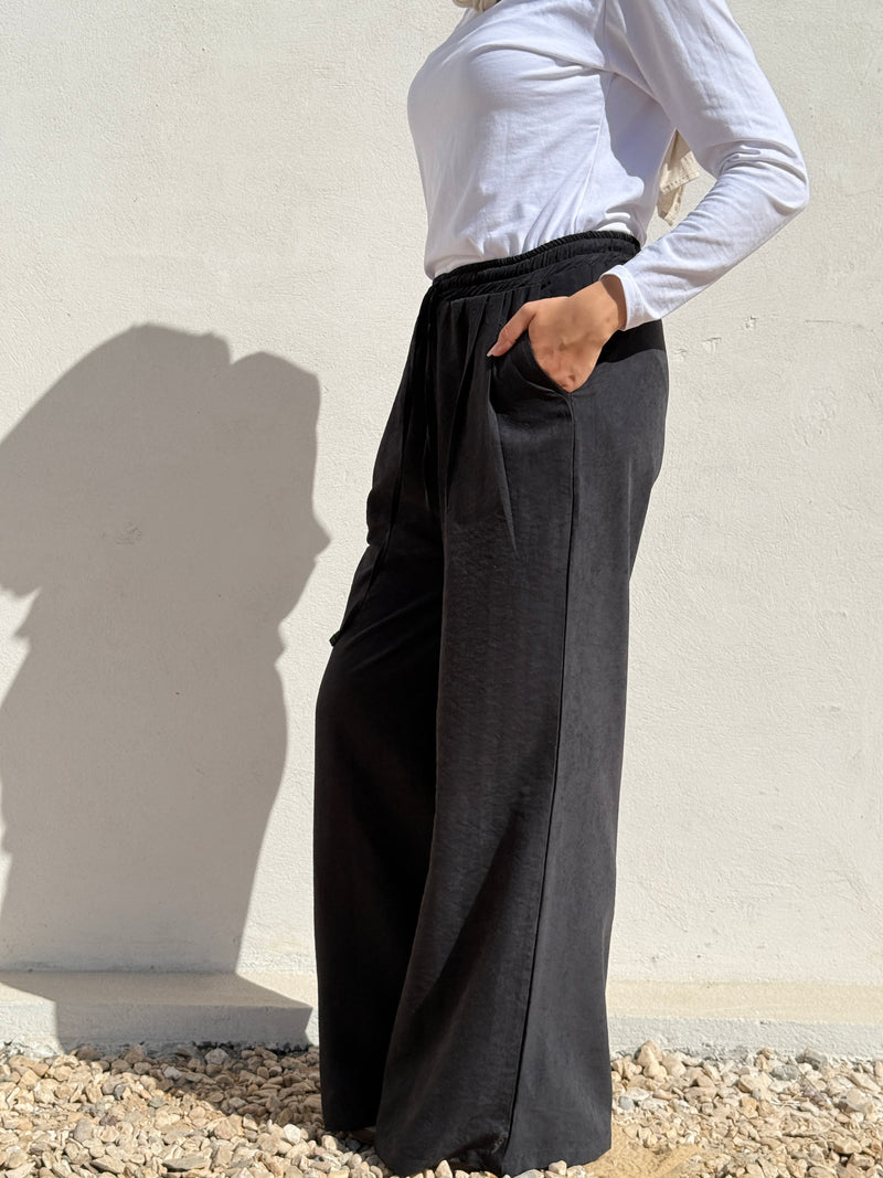 Drawstring Suede Pants - Black